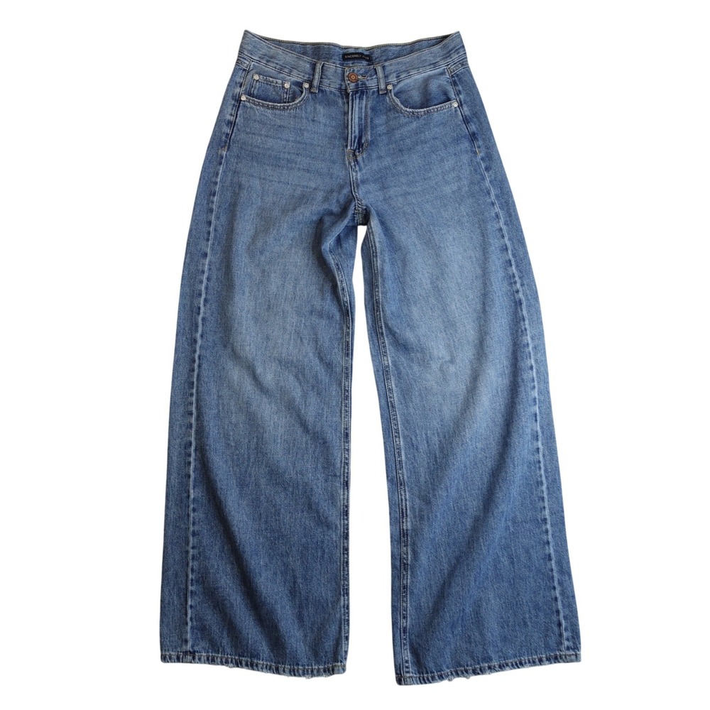 Sincerely Jules Wide Leg High Rise Baggy Denim Jeans Womens 29x31 Blue Raw Hem 5
